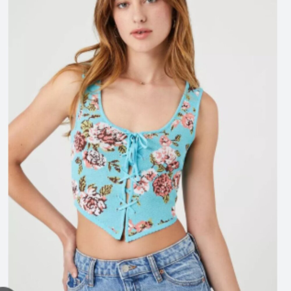 Forever 21 knit lace-up floral tank